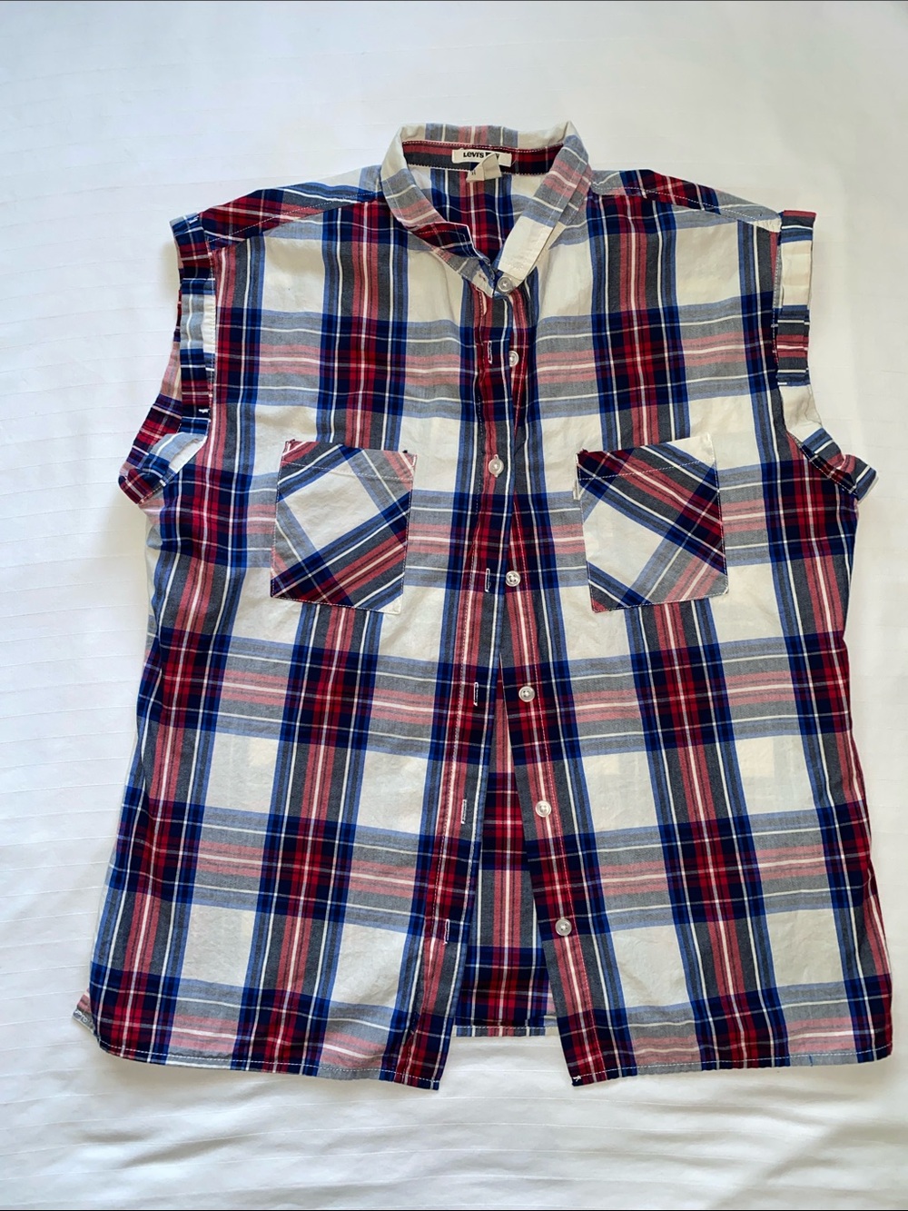 Levi's Red, Blue & White Plaid Sleeveless Button-Down Shirt